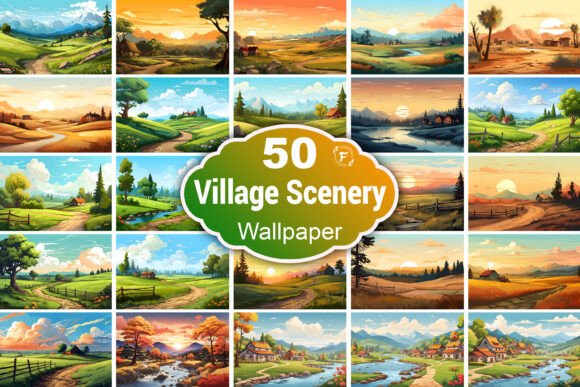 Village Wallpaper and Abstract Vector Style Village Scenery Landscape Illustration Wallpaper Bundle